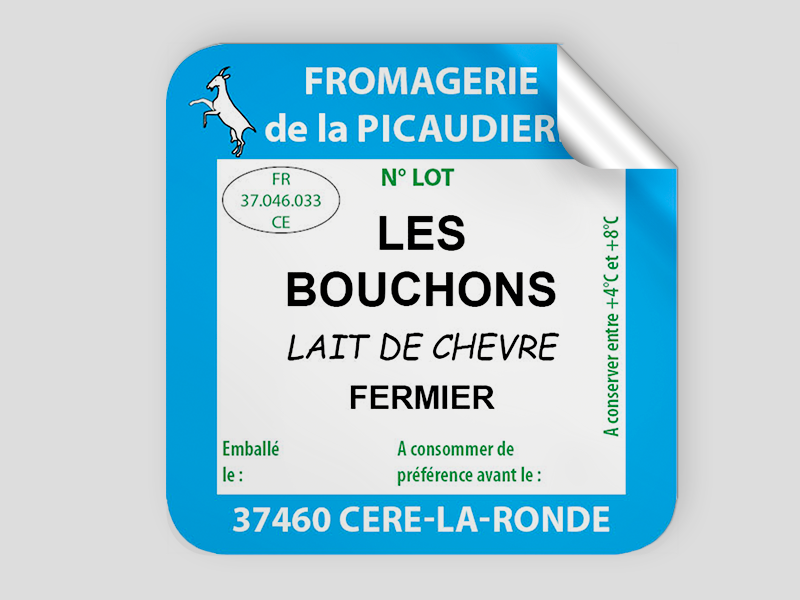 Étiquette pour la Fromagerie de la Picaudière, réalisée par Les Presses Montrichardaises, imprimerie à Montrichard.