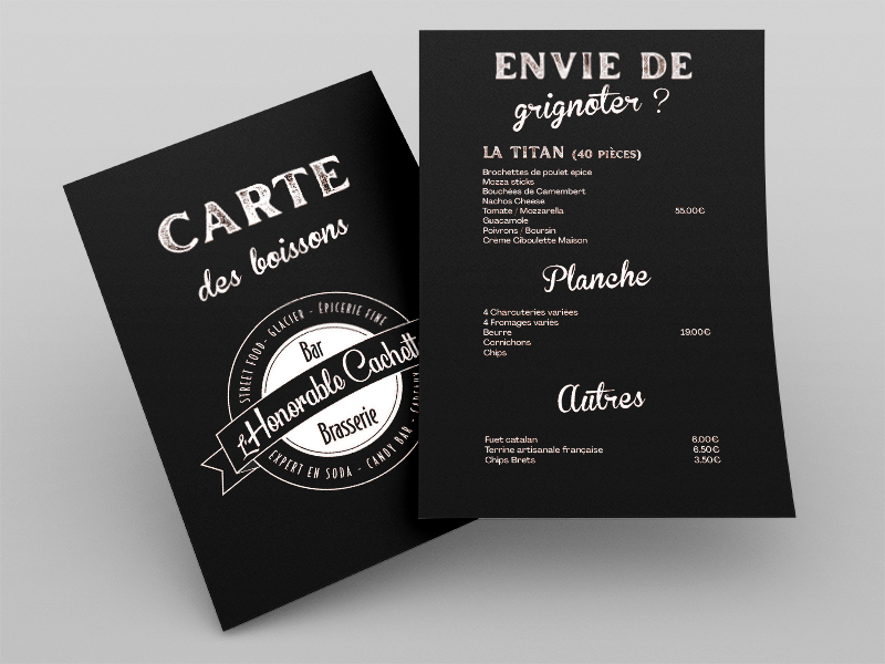 Menu pour L'Honorable Cachette, bar/brasserie à Saint-Georges-sur-Cher (41), réalisé par Les Presses Montrichardaises, imprimerie à Montrichard.